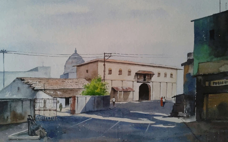 Aquarel mooie weg in de stad naast huis Hand getekende illustratie Vector