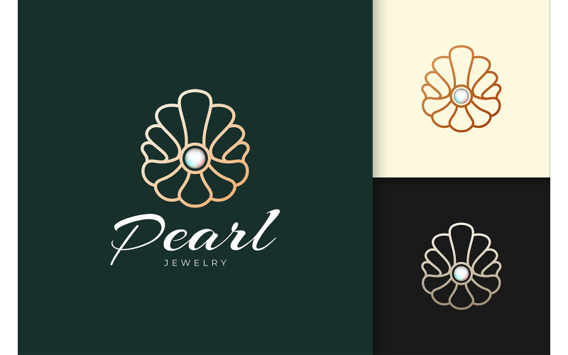 Logotipo de pérolas luxuosas e sofisticadas em formato de concha