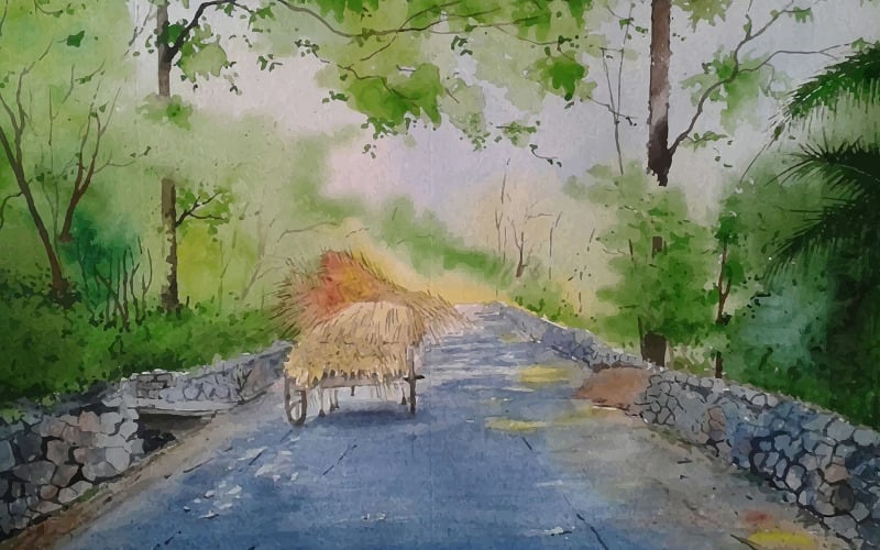 水彩美丽的乡村道路手绘插画矢量