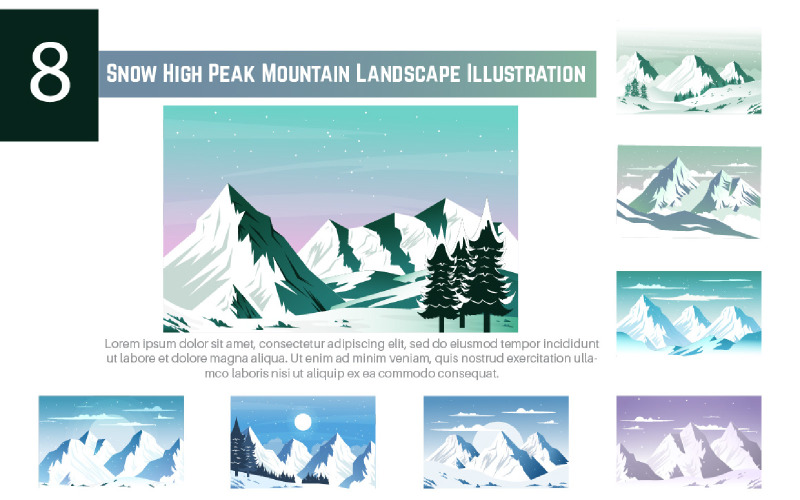 8 Ilustração de paisagem de montanha com pico de neve