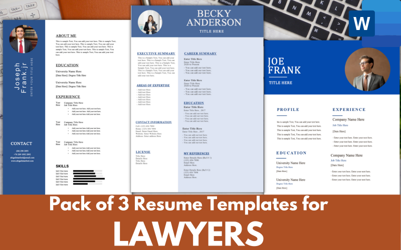 Pacote de 3 modelos de currículo para ADVOGADOS - MS word CV RESUME FORMAT