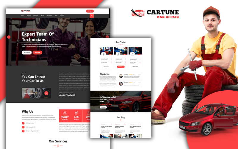 Powar-Cartune autójavítási szolgáltatások nyitóoldala WordPress téma
