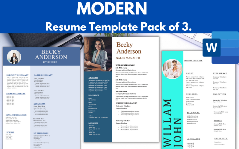 3 MODERN Özgeçmiş / Özgeçmiş Şablonu Paketi - Microsoft Word Özgeçmiş Özgeçmiş Formatı