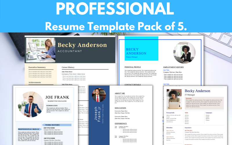 Pakket van 5 professionele cv-/cv-sjablonen - Microsoft Word cv-indeling