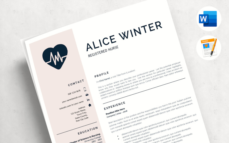 ALICE - Modello di curriculum per infermiere RN. Curriculum infermiere registrato con lettera di presentazione e referenze