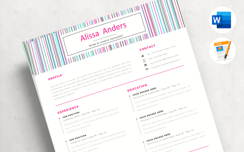 ALISSA - 1 Page Resume Template, CV for Word and Pages, Creative Resume ...