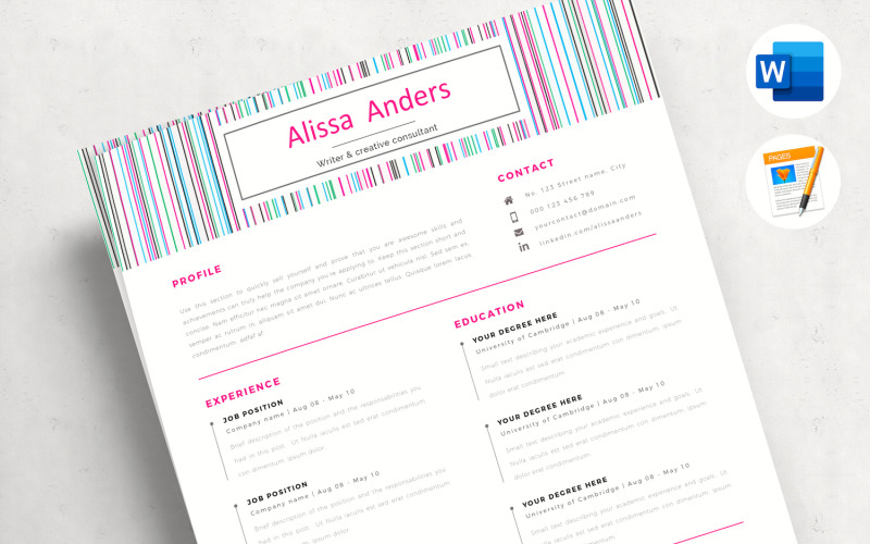 ALISSA - CV-sjabloon met 1 pagina, CV voor Word en Pages, creatief CV + sollicitatiebrief