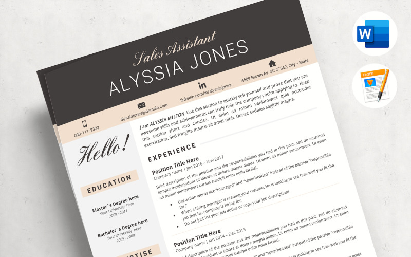 ALYSSIA - Mall för CV och följebrev för försäljningsassistent. Modernt CV, CV för Word & Pages