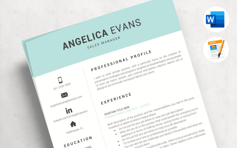 ANGELICA - Sales Resume für MS Word und Mac Pages und passendes Anschreiben & Referenzen