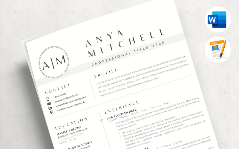 ANYA - 3 Seiten professionelles Lebenslauf-Lebenslauf-Design mit Anschreiben-Format und Referenzen-Seite