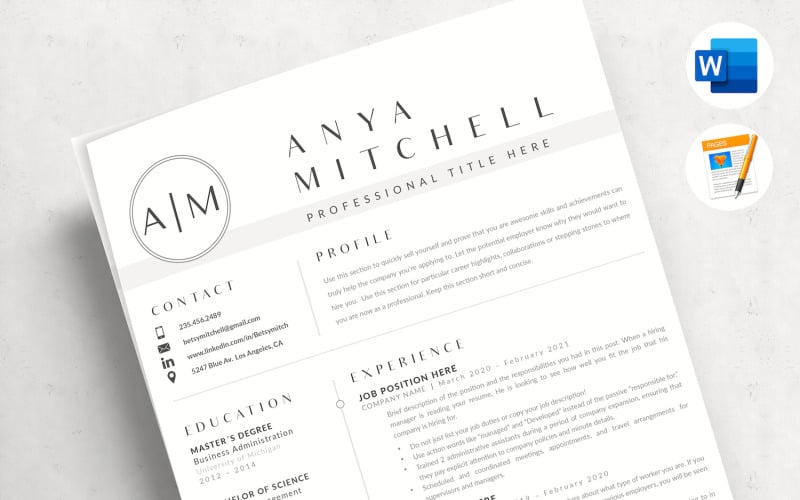 ANYA - 3 sidor med professionell CV-design med personligt brevformat och referenssida