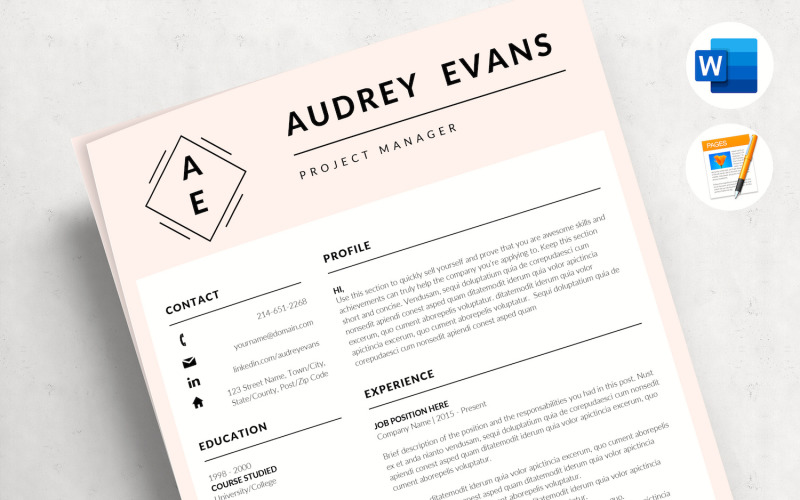 AUDREY - 带有标志的创意简历。项目经理简历、求职信和参考页面