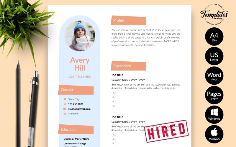 Avery Hill - Plantilla de currículum vitae creativo con carta de presentación para páginas de Microsoft Word e iWork