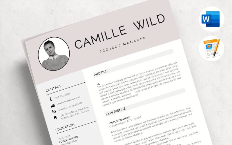 CAMILLE - Профессиональный шаблон резюме для менеджера проекта. Мгновенная загрузка резюме с фото