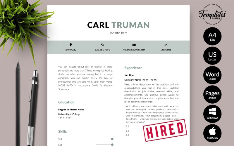 Carl Truman - Modello di curriculum moderno con lettera di presentazione per Microsoft Word e pagine iWork