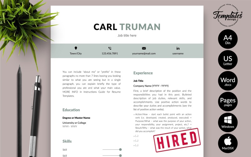 Carl Truman - Moderne CV-sjabloon met sollicitatiebrief voor Microsoft Word- en iWork-pagina's