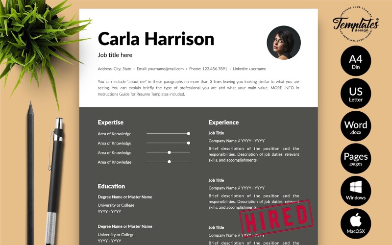 Carla Harrison - 带有 Microsoft Word 和 iWork 页面求职信的现代简历简历模板