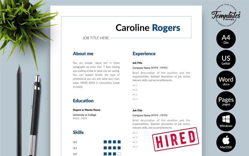Caroline Rogers - Plantilla de currículum vitae moderno con carta de presentación para páginas de Microsoft Word e iWork
