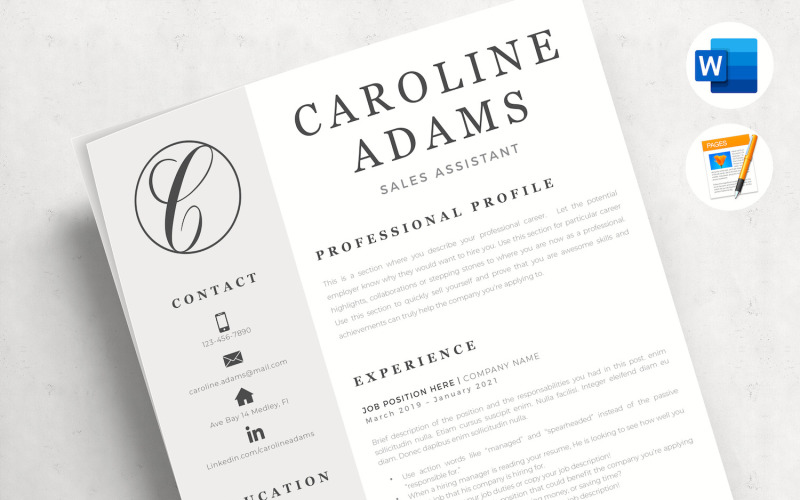 CAROLINE - Verkoopassistent CV-sjabloon, sollicitatiebrief en referenties voor Word en Pages