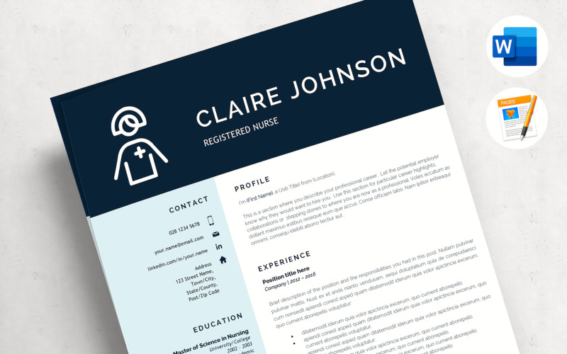 CLAIRE - Verpleegkundige CV-sjabloon. Nieuwe afgestudeerde verpleegster CV met sollicitatiebrief en referenties
