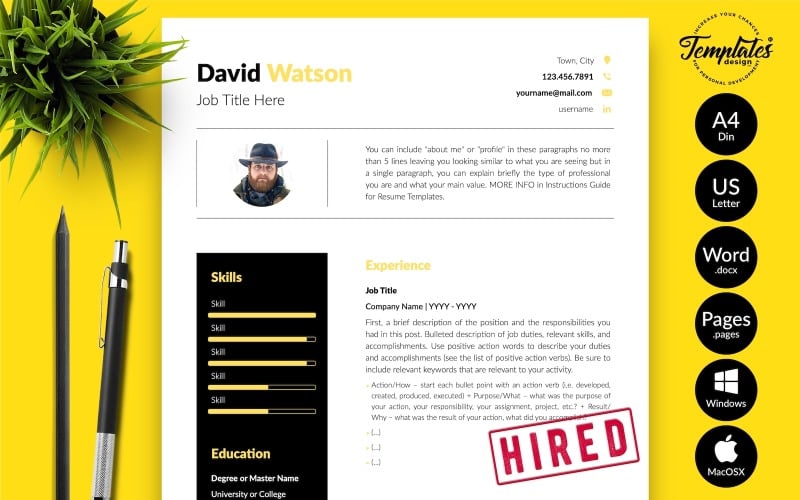 David Watson - Kreatywny szablon CV z listem motywacyjnym dla stron Microsoft Word i iWork