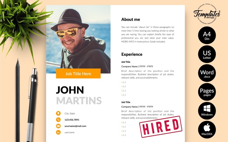 Джон Мартинс - Современный шаблон резюме с сопроводительным письмом для Microsoft Word и iWork Pages