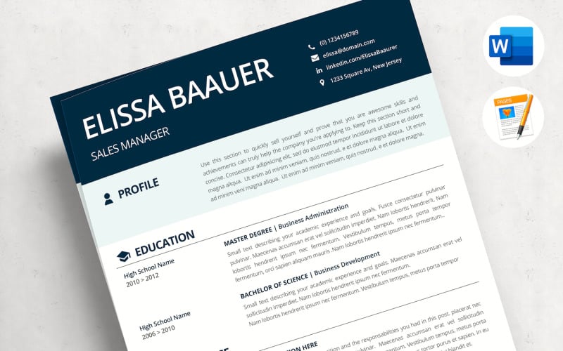 ELISSA - Currículum vitae moderno. Plantilla profesional de biodatos para MS Word y Pages. CV Gerente de Ventas