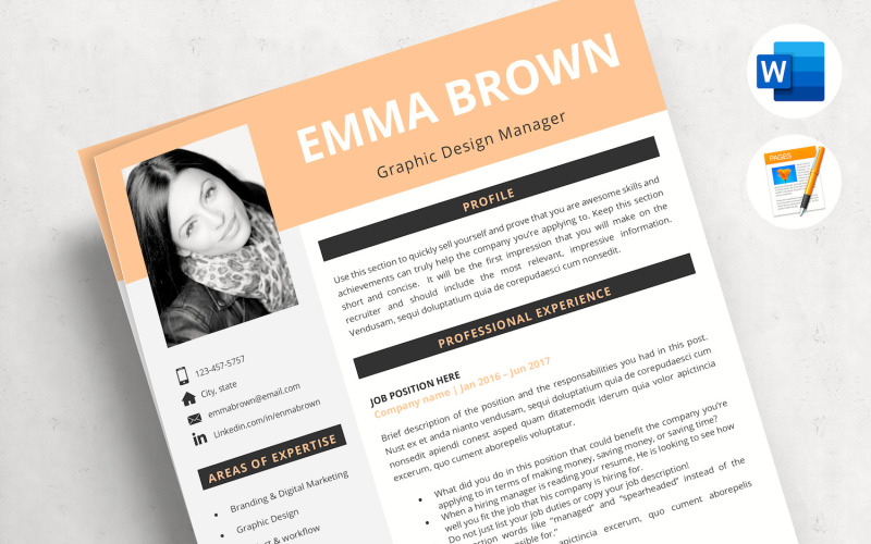 EMMA - CV moderne avec photo pour Microsoft Word et pages et lettre de motivation et références