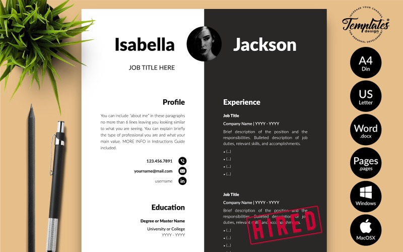 Isabella Jackson - 带有 Microsoft Word 和 iWork 页面求职信的现代简历简历模板