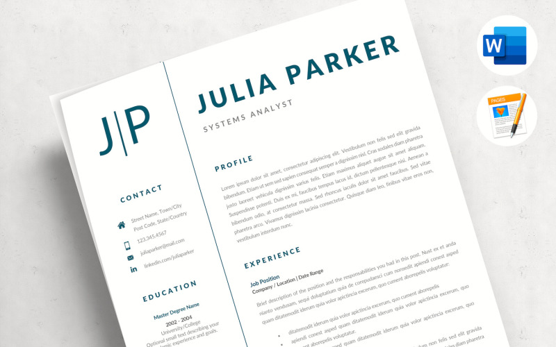 JULIA - CV-mall med omslag, referenser och professionellt CV-format för Word & Pages