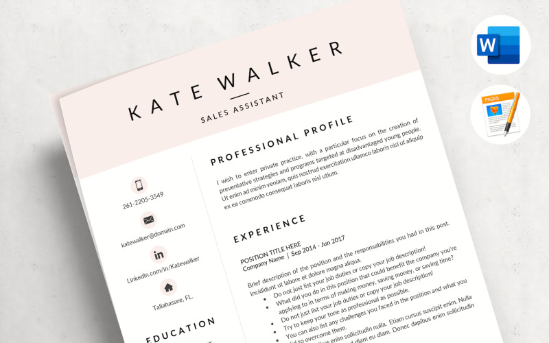 KATE - Modello di curriculum professionale con lettera di presentazione e referenze per assistente amministrativo