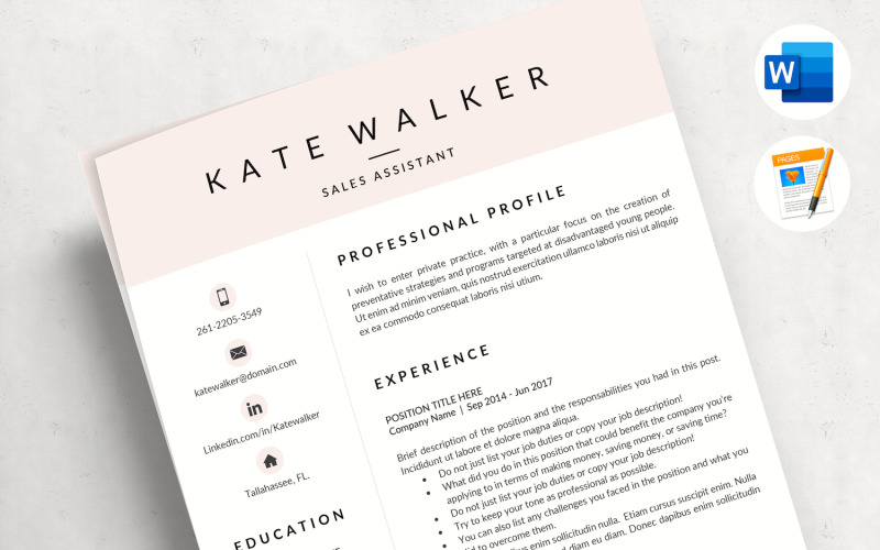 KATE - Plantilla de currículum profesional con carta de presentación y referencias para asistente administrativo
