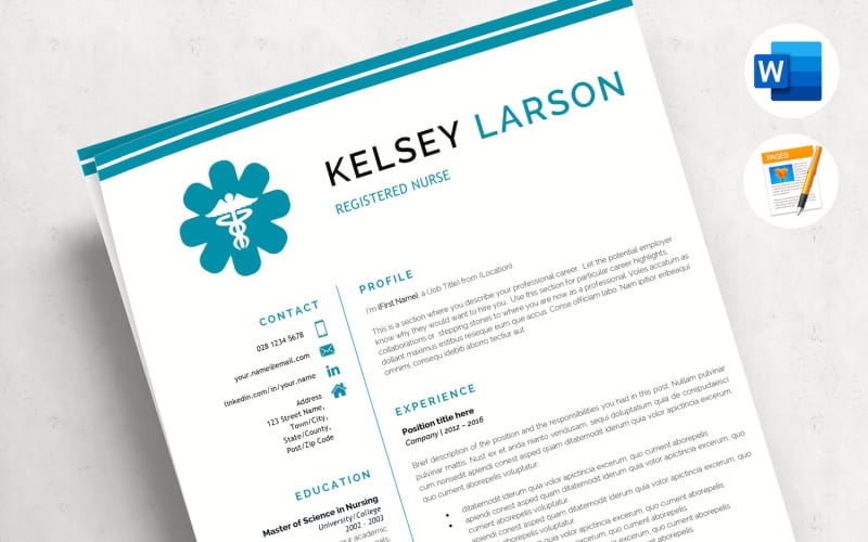 KELSEY - Plantilla de currículum vitae de enfermería. CV de farmacia para Word y páginas con carta de presentación y referencias