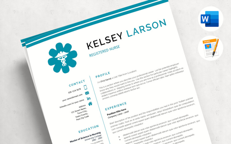 KELSEY - Szablon CV pielęgniarki. Życiorys apteczny dla Worda i stron z listem motywacyjnym i referencjami
