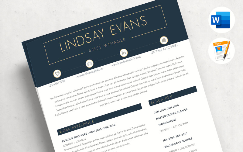 LINDSAY - Професійне резюме менеджера з продажу, шаблон CV + шаблон супровідного листа + сторінка з посиланнями