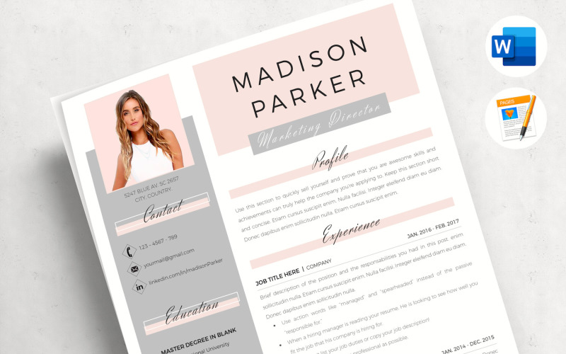 MADISON - Modèle de CV créatif pour MS Word et pages. Conception de CV avec couverture et références