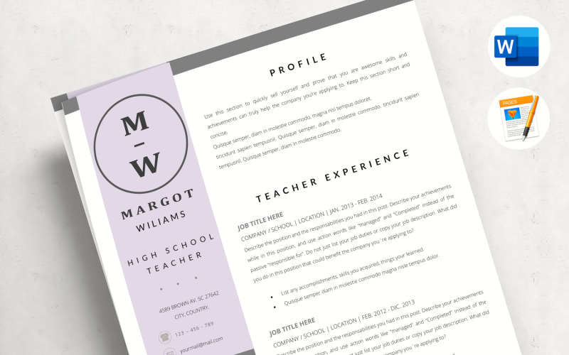 MARGOT - Plantilla de currículum vitae para maestros de secundaria para Word y páginas + Carta de presentación y referencias