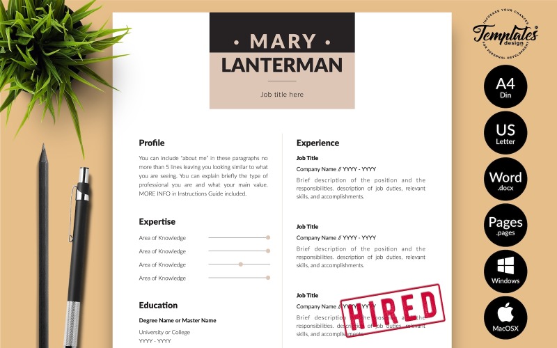 Mary Lanterman - Microsoft Word ve iWork Sayfaları için Kapak Mektubu ile Modern CV Özgeçmiş Şablonu