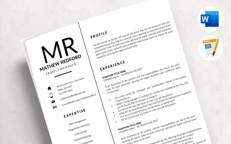 MATHEW - Minimalist Resume Template for Word & Pages. Project Manager Resume & Cover Letter
