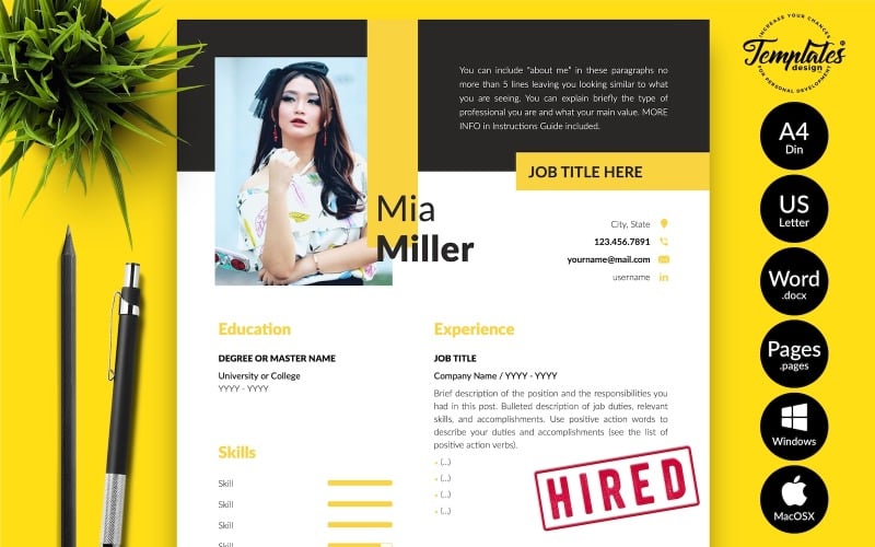 Mia Miller - Kreative Lebenslauf-Vorlage mit Anschreiben für Microsoft Word- und iWork-Seiten