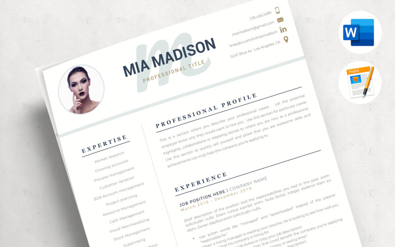 MIA - Творче резюме з фотографією для Word & Pages. CV із зображенням та форматом супровідного листа