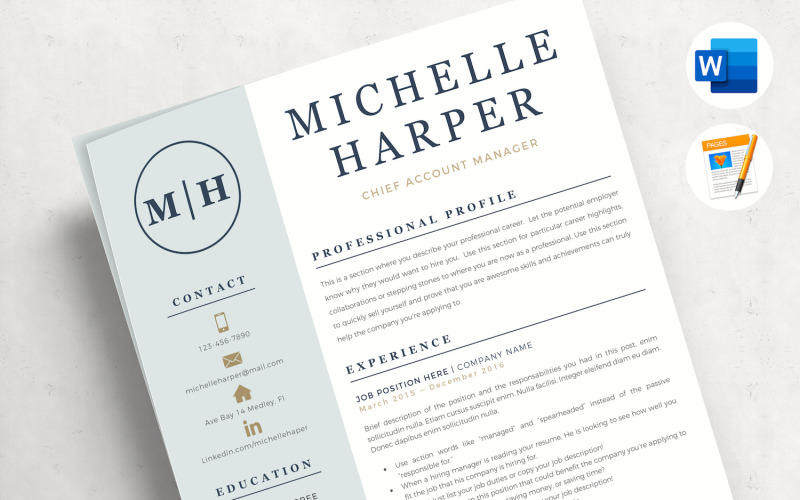 MICHELLE - Logolu ve Modern Kapak Formatlı Profesyonel CV Şablonu, Referanslar Sayfası ve İpuçları