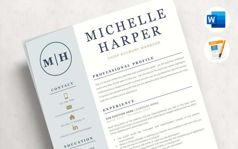 MICHELLE - Plantilla de CV profesional con logotipo y formato de portada moderno, página de referencias y consejos
