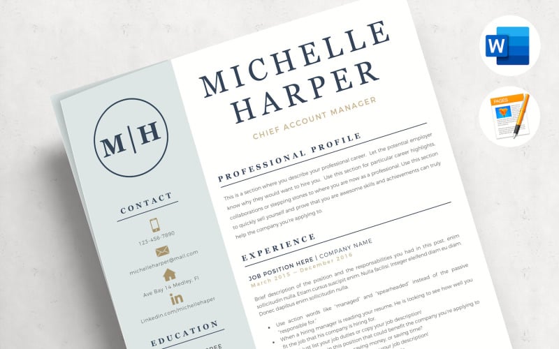 MICHELLE - Profesjonalny szablon CV z logo i nowoczesnym formatem okładki, stroną referencyjną i poradami