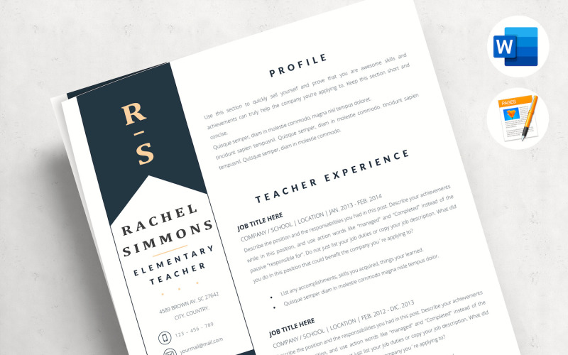 RACHEL - Modello di curriculum per insegnante. CV formativo con lettera di presentazione, referenze, suggerimenti e icone