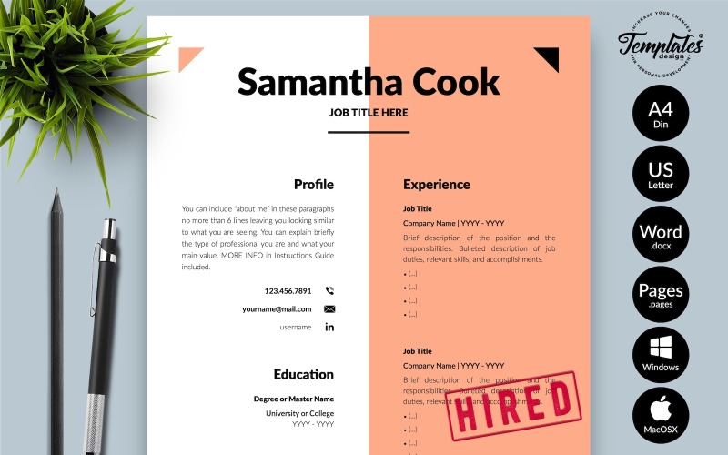 Samantha Cook - 带有 Microsoft Word 和 iWork 页面求职信的现代简历简历模板