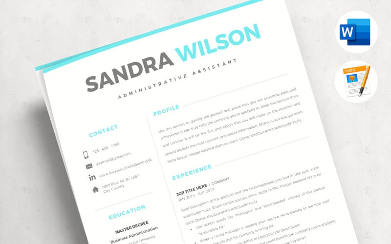 SANDRA B. - Ensemble de modèles de CV 2 et 3 avec lettre de motivation, références et jeu d'icônes sociales