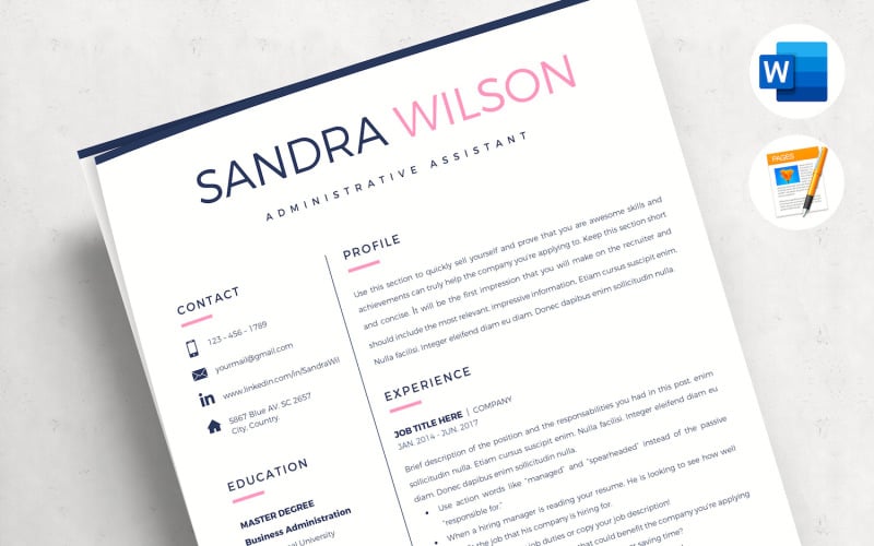 SANDRA P. - Creative Resume Template Bundle for Word and Pages. 2 & 3 Page Resume, CV with Cover