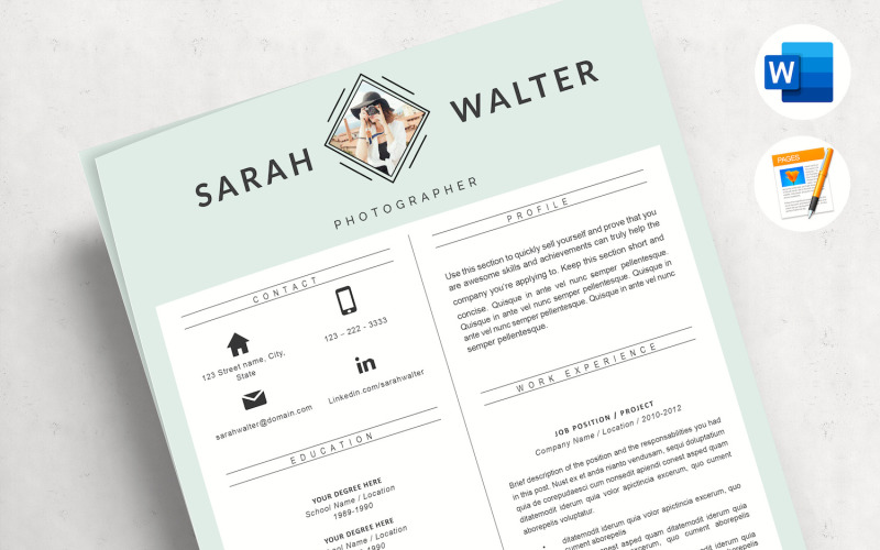 SARAH - modelo de currículo moderno e criativo para páginas e palavras com carta de apresentação e referências
