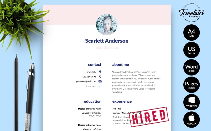 Scarlett Anderson — kreatywny szablon CV z listem motywacyjnym dla stron Microsoft Word i iWork